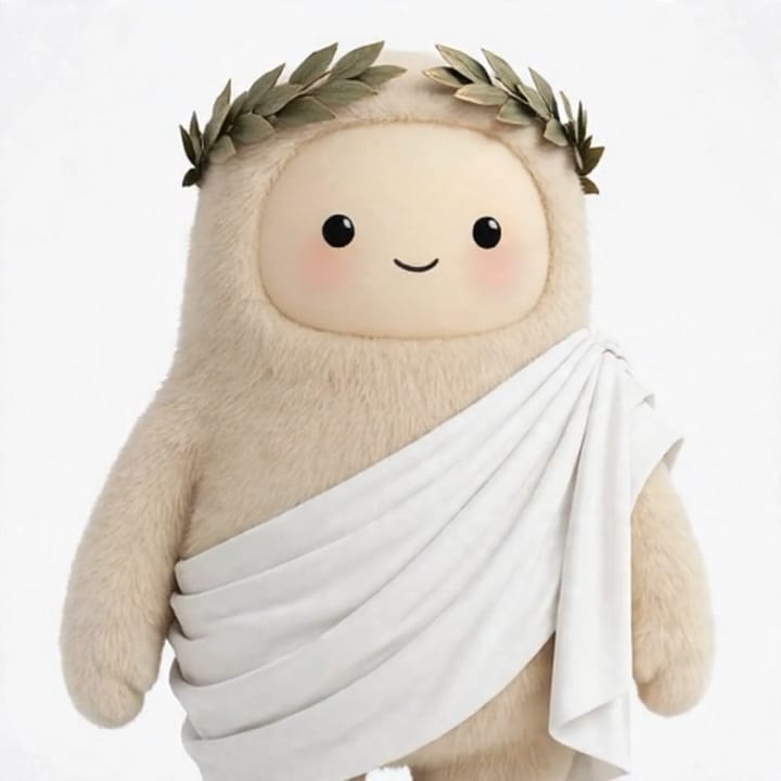 Agrippa, Mark Zuckerberg's Muse: a cream-coloured furry muse in a white toga with a laurel wreath